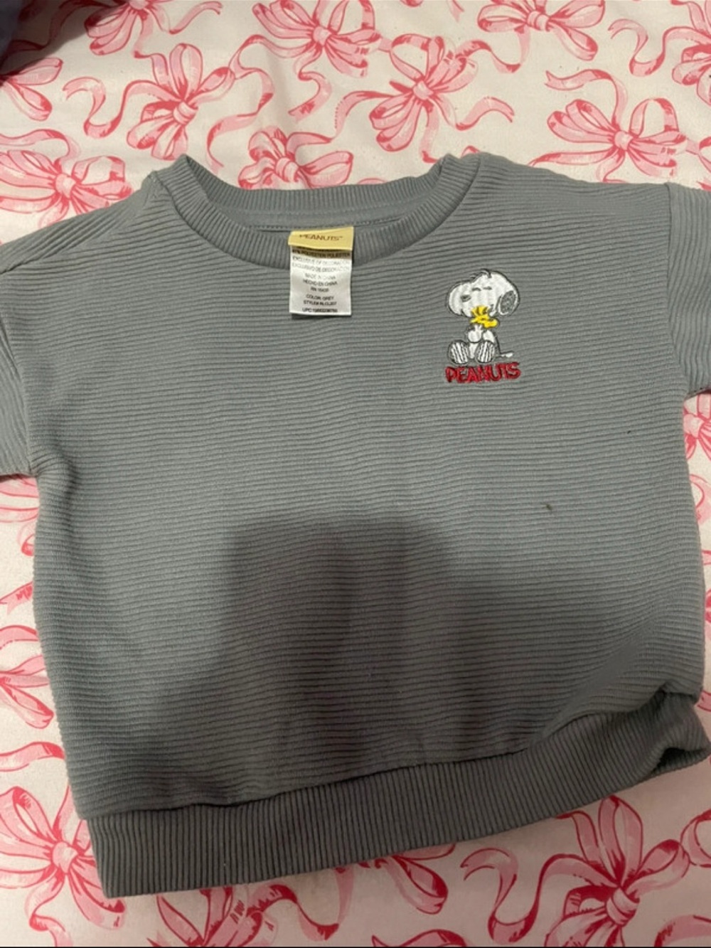 Peanuts Grey Ribbed Short Sleeve Sweatshirt with Snoopy & Woodstock Embroidery